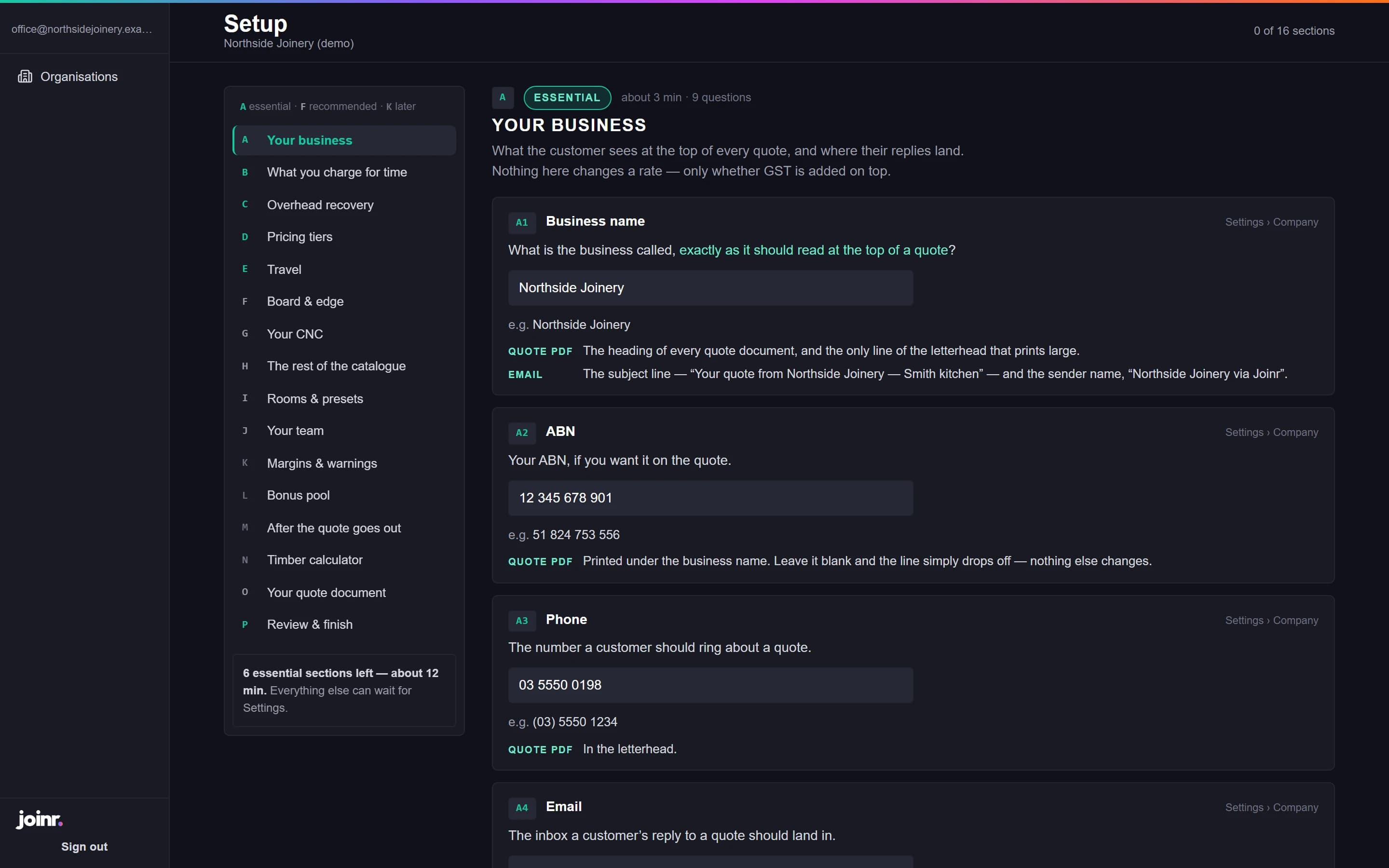 Section A of the setup wizard, Your business: the business name, ABN and phone questions, each with an example and where the answer is used, beside the list of sixteen sections.